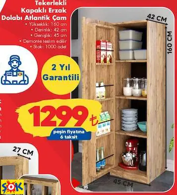 TEKERLEKLİ KAPAKLI ERZAK DOLABI ATLANTİK ÇAM